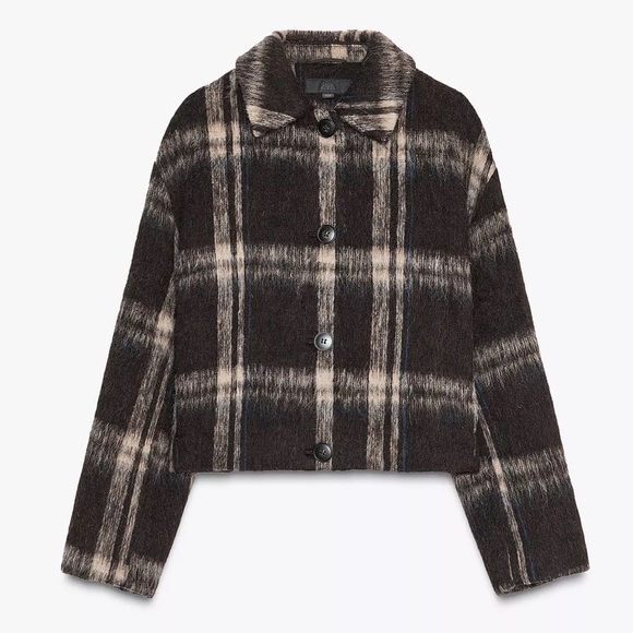 NWT Zara Plaid Jacket Wool Blend Cropped Black White Brown Shacket Women S 6318 - Picture 3 of 13